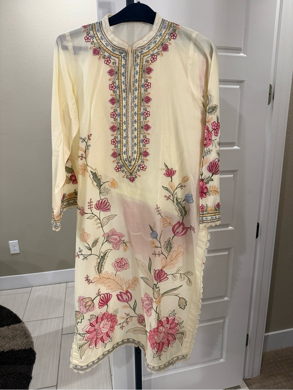 Cream Floral Long-Sleeve Embroidered Dress